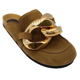 JW Anderson-J.W. Anderson Tan / Gold Chain Calfskin Suede Leather Loafer Mules-Other