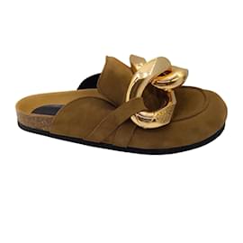 JW Anderson-J.W. Anderson Tan / Gold Chain Calfskin Suede Leather Loafer Mules-Other