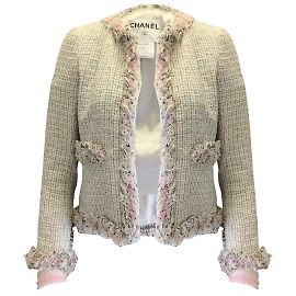 Chanel Light Pink / Light Blue Multi Fringe Trim Pearl CC Logo Button Open Front Silk Lined Woven Cotton Tweed Jacket Multiple colors