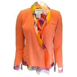 Chanel-chanel naranja multicolor vintage 2000 Chaqueta de lana con forro de seda y botones con logo CC ribeteado en seda-Naranja