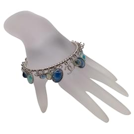 Chanel-Chanel blue / Green Stone CC Logo Charm Silver Bangle Bracelet-Blue
