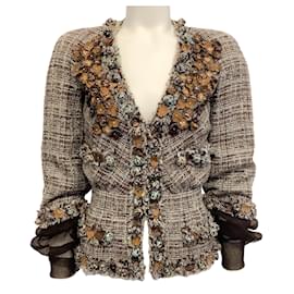 Chanel-Chanel Marron / Veste verte en tweed à manches transparentes-Marron