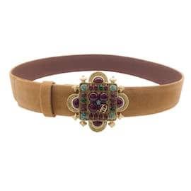 Chanel-Chanel Brown Cruise 2011 Suede Gold Buckle with Multi Glass Stones Belt-Brown