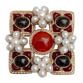Chanel-Chanel Burgundy Gripoix and Pearl Square Brooch-Multiple colors
