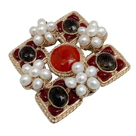 Chanel-Chanel Burgundy Gripoix and Pearl Square Brooch-Multiple colors
