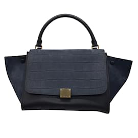 Céline-Celine Navy Blue / Black Croc Embossed Suede and Leather Trapeze Handbag-Black
