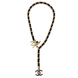 Chanel 2001 Colar de corrente de ouro e camurça preta com fecho de cervo enfeitado com strass Dourado