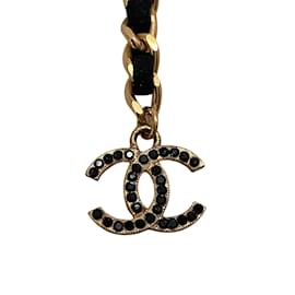 Chanel-Chanel 2001 Collar de Cadena de Oro y Ante Negro con Cierre de Ciervo Adornado con Strass-Dorado