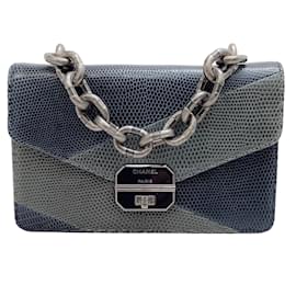 Chanel-Chanel 2016 Navy / Grey Lizard Flap Bag-Grey
