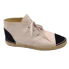 Chanel-Chanel beige / Black Leather and Canvas Cap Toe Lace-Up Espadrille Ankle Booties-Beige
