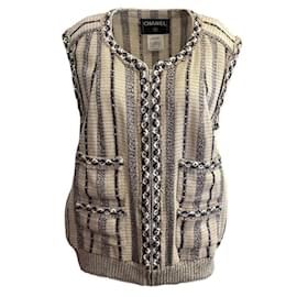 Chanel-Chanel beige / Gilet con paillettes in tweed blu scuro-Beige