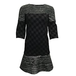 Chanel-Chanel black / Gray 2013 Tweed and Leather with 3/4 Sleeve Cocktail Dress-Black