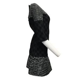 Chanel-Chanel noir / Coloris: gris 2013 Tweed et cuir avec 3/4 Robe de cocktail à manches-Noir