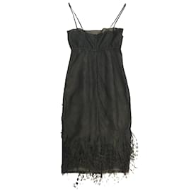 Chanel-Chanel Black Beaded & Ostrich Feather Embellished Spaghetti Strap Silk Mesh Night Out Dress-Black