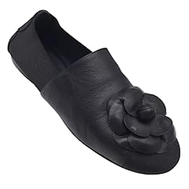 Chanel-Chanel Black Camellia Leather and Grosgrain Loafers / Flats-Black