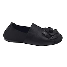 Chanel-Chanel Black Camellia Leather and Grosgrain Loafers / Flats-Black