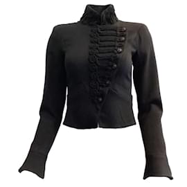 Chanel-Chanel Black Mandarin Collar with Camellia Buttons Jacket-Black