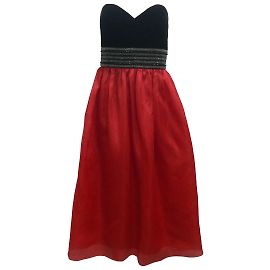 Badgley Mischka Rot / Schwarzes, trägerloses Midi-Formalkleid mit Perlen Rot
