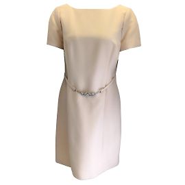 Badgley Mischka Robe en crêpe beige à manches courtes ornée de strass Beige