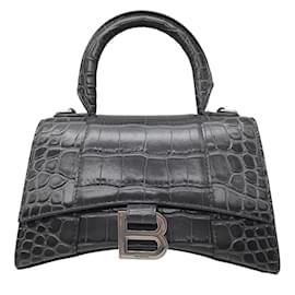 Balenciaga-Balenciaga Dark Grey XS Hourglass Crocodile brillant en cuir de veau gaufré Sac à poignée supérieure en cuir-Gris