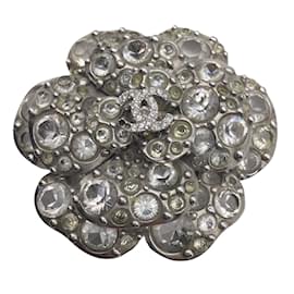 Chanel-Chanel Silver Rhinestone Studded CC Logo Camellia Flower Brooch Pin-Silvery