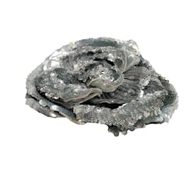 Chanel-Chanel Silver Sequined Camellia Brooch-Silvery