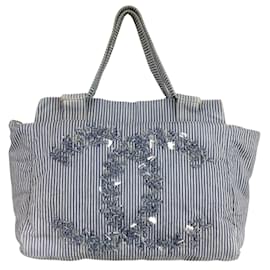 Chanel-Chanel Striped Chambray Blue & Beige Canvas Tote-Blue