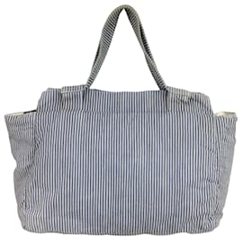 Chanel-Chanel Striped Chambray Blue & Beige Canvas Tote-Blue