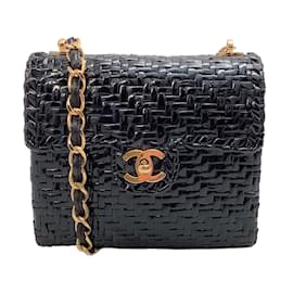 Chanel-Chanel vintage 1990's Black Mini Wicker 24K bolsa de ombro de hardware-Preto