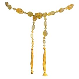 Chanel-Chanel vintage 1999 Yellow Resin Stone and Gold CC Logo Charm Tassel Detail Belt-Yellow