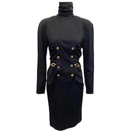 Chanel-Chanel Vintage Black Wool Dress With Gold Buttons and Chain Belt-Black