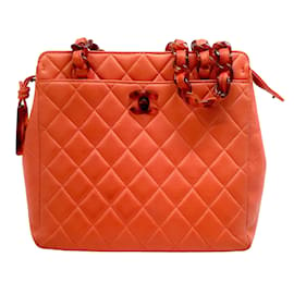 Chanel-Chanel Vintage Orange Lambskin Leather Quilted Shoulder Bag with Tortoise Acrylic Hardware-Orange