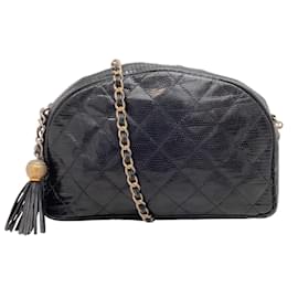 Chanel-Chanel Vintage Quilted Black Lizard Skin Leather Shoulder Bag-Black