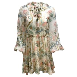 Chloé-Vestido casual corto de seda de manga larga con estampado floral y cuello anudado en color marfil de Chloé-Multicolor