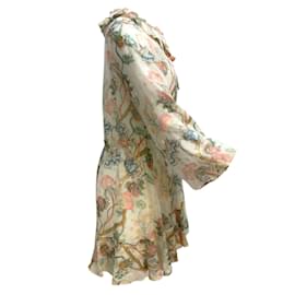 Chloé-Vestido casual corto de seda de manga larga con estampado floral y cuello anudado en color marfil de Chloé-Multicolor