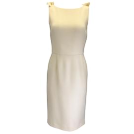 Christian Dior-Christian Dior Cream Grosgrain Bow Detail Sleeveless Boat Neck Wool Dress-Cream