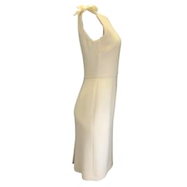 Christian Dior-Christian Dior Cream Grosgrain Bow Detail Sleeveless Boat Neck Wool Dress-Cream