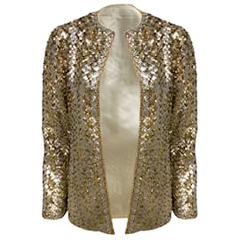 Christian Dior-Christian Dior Vintage Gold and Silver Metallic Sequined and Beaded Open Front Jacket-Golden