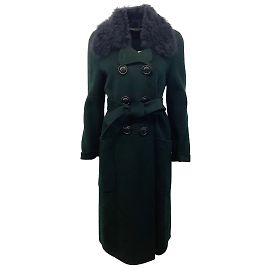 Coach Teal Wool Double Breasted Tie Waist Coat with Removable Navy Shearling Collar Green