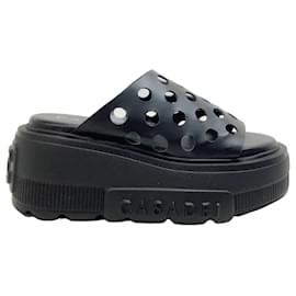Casadei-Casadei Black Leather Perforated Nexus Platform Slide Sandals-Black