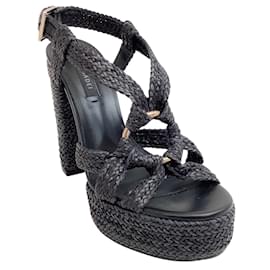 Casadei-Casadei Black Woven Raffia Platform Sandals-Black