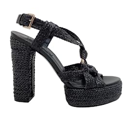 Casadei-Casadei Black Woven Raffia Platform Sandals-Black