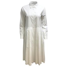 Autre Marque-Casey Casey White Helayane Long Sleeved Collared Button-down Pleated Mid-length Cocktail Dress-White