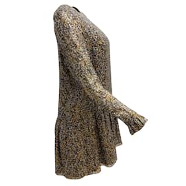 Céline-Céline Black / Gold Floral Printed Long Sleeved Silk Cocktail Dress-Black