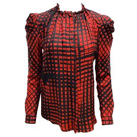 Camicetta di seta a maniche lunghe rossa e nera di Vionnet Paris Rosso