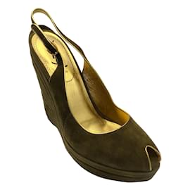 Yves Saint Laurent-Yves Saint Laurent 'Myranda' Vert Olive / Chaussures compensées en daim à bout ouvert et bout ouvert en cuir métallisé doré-Vert