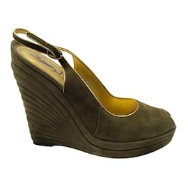 Yves Saint Laurent-Yves Saint Laurent 'Myranda' Olive Green / Gold Metallic Leather Trimmed Peep Toe Slingback Suede Platform Wedge Shoes-Green