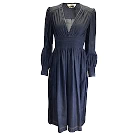 Fendi-Fendi - Robe mi-longue en denim chambray bleu à manches longues avec détails smockés-Bleu