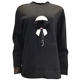 Fendi-Fendi x Karl Lagerfeld 'Karl Monster' Black Mink Fur Embellished Long Sleeved Cotton Sweatshirt / Sweater-Black