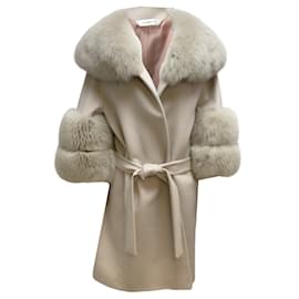 Autre Marque-Fleurette Fawn Belted Fox Fur & Wool Coat-Beige